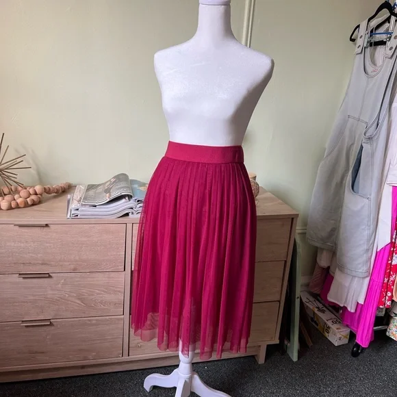 Maroon Red Layered Mesh Pleated Tutu High-Waist Modest Midi Knee-Length Skirt S - Picture 2 of 16